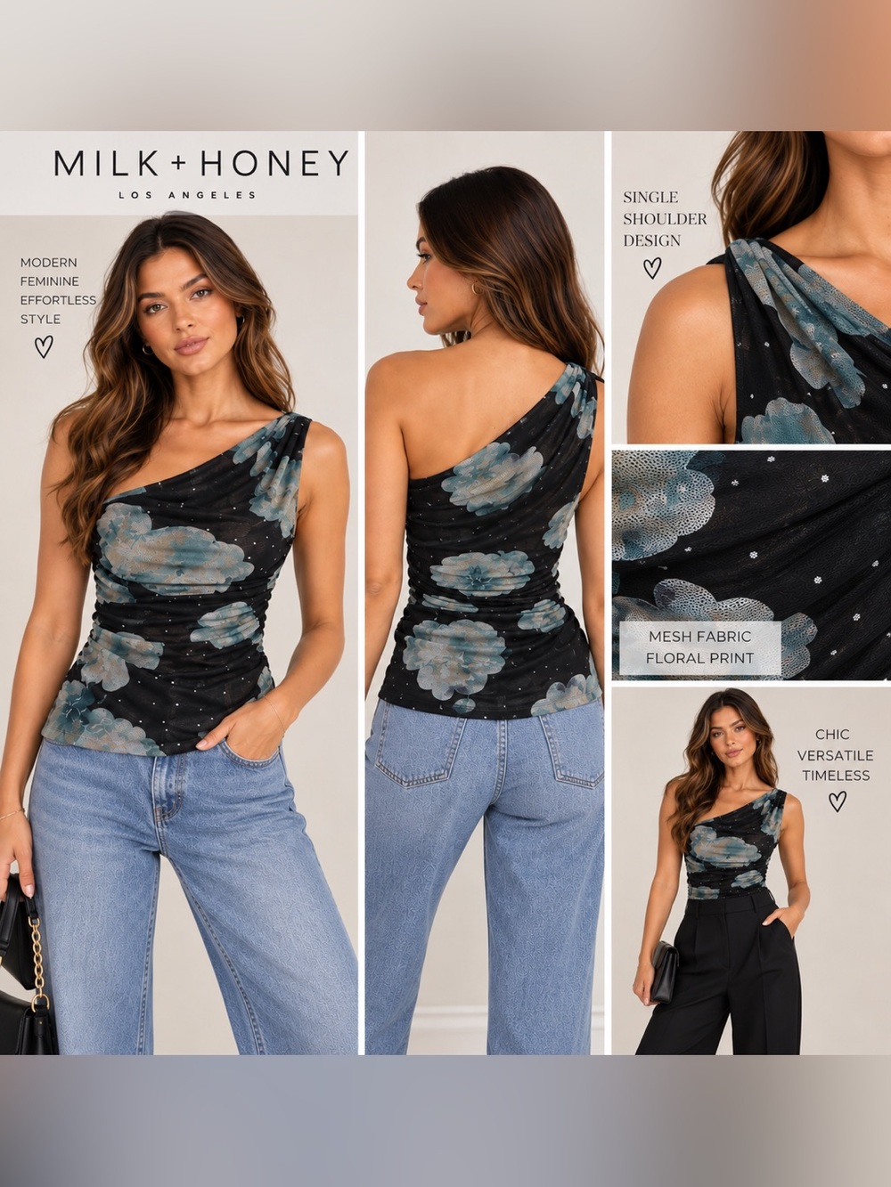 Milk + Honey Floral Mesh One Shoulder Ruched Top Black Blue S NWT